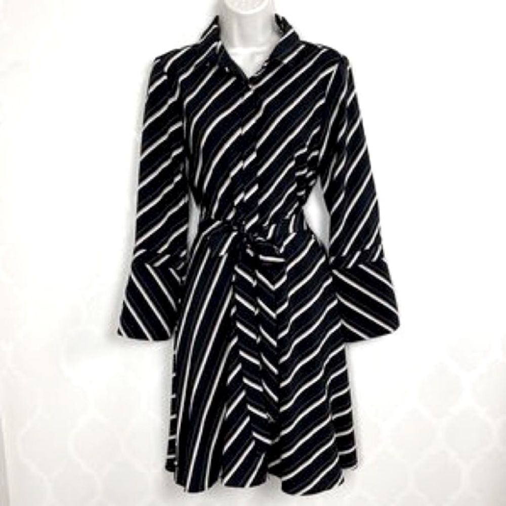 Banana Republic Black, white, tan, striped wrap dress